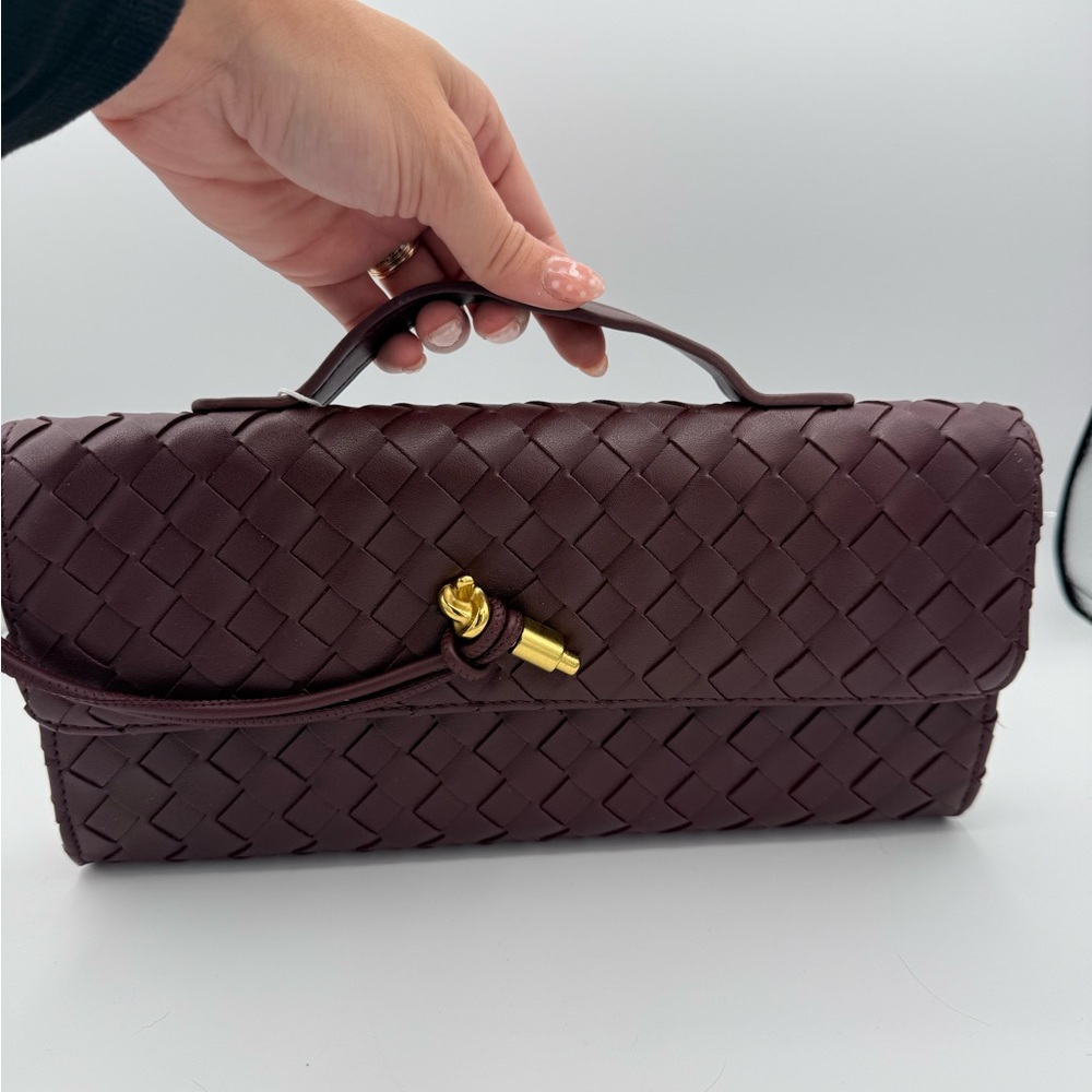 Woven Leather Top-Handle Clutch in Wine